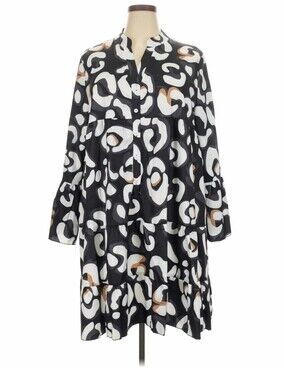 Women's Black & White Printed Midi Dress with Tan Accents